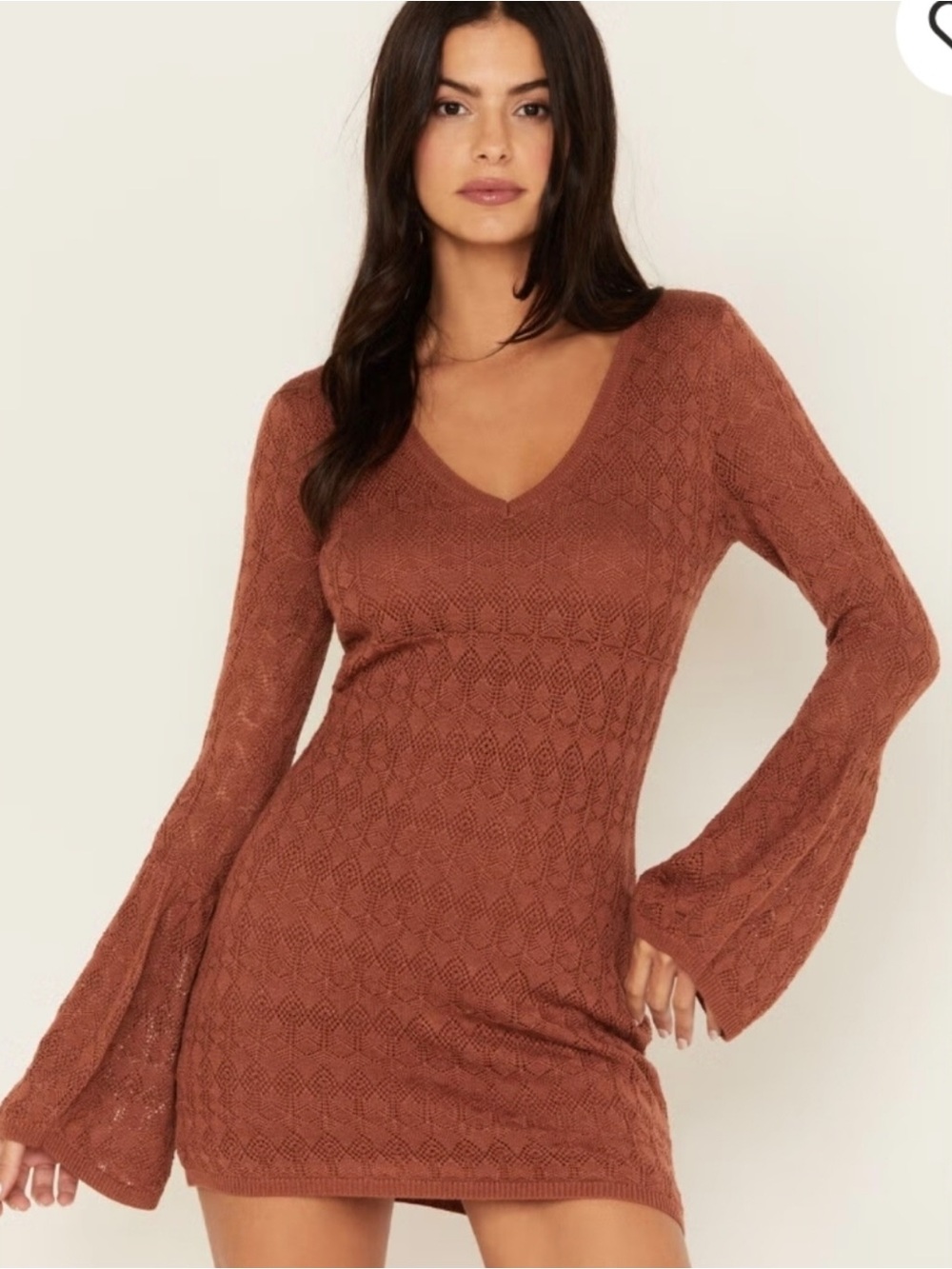 Shyanne Rust Lace Knit V-Neck Mini Dress with Bell Sleeves
